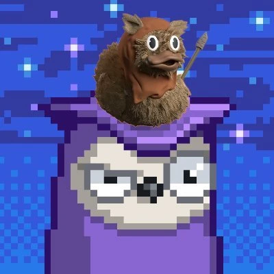 RogaineForEwoks' PFP, a little critter sitting on a purple owl's head.